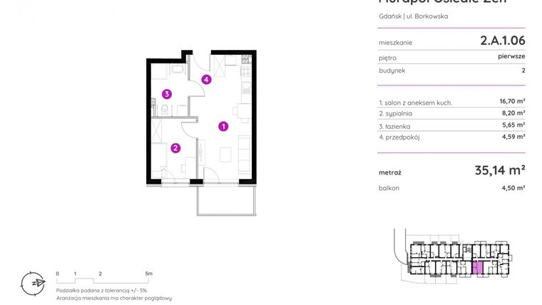 Rzut - Mieszkanie na sprzedaż 2 pokoje o powierzchni 35,14 m² - numer 2.A.1.06 w Murapol Osiedle Zen