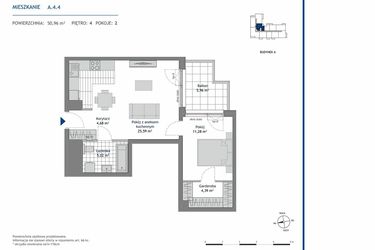 Rzut - Mieszkanie na sprzedaż 2 pokoje o powierzchni 50,96 m² - numer A.4.4 w Linea bud. A