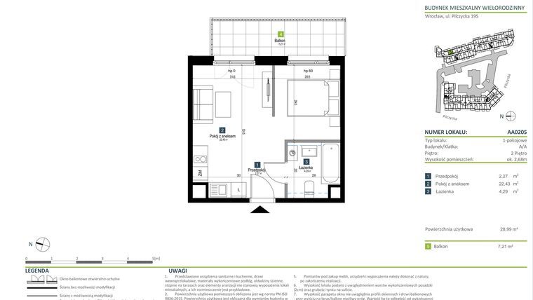 Rzut - Mieszkanie na sprzedaż 1 pokój o powierzchni 28,99 m² - numer AA0205 w Pilczycka Vita