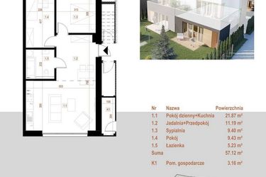 Rzut - Mieszkanie na sprzedaż 4 pokoje o powierzchni 57,12 m² - numer 11.1 w Osiedle Dębowe