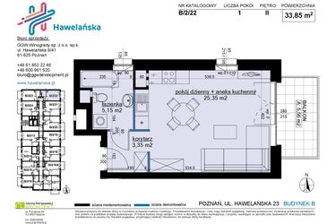 Rzut - Mieszkanie na sprzedaż 1 pokój o powierzchni 33,85 m² - numer B/2/22 w Osiedle Hawelańska etap III - bud. B