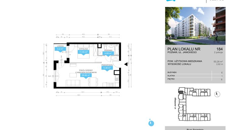 Rzut - Mieszkanie na sprzedaż 2 pokoje o powierzchni 50,28 m² - numer CDEF.184 w Wieża Jeżyce etap II