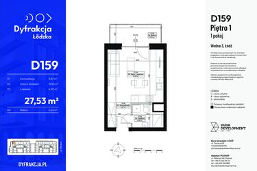 Rzut - Mieszkanie na sprzedaż 1 pokój o powierzchni 27,53 m² - numer D159 w Dyfrakcja Łódzka - bud. CD