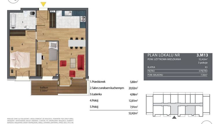 Rzut - Mieszkanie na sprzedaż 3 pokoje o powierzchni 52,61 m² - numer K3.3.M13 w Nyska Residence