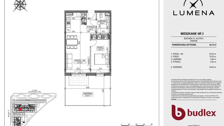 Rzut - Mieszkanie na sprzedaż 2 pokoje o powierzchni 44,14 m² - numer C1.03 w Lumena