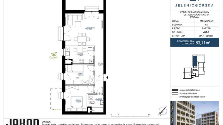 Rzut - Mieszkanie na sprzedaż 3 pokoje o powierzchni 63,11 m² - numer J6A.3 w Jeleniogórska