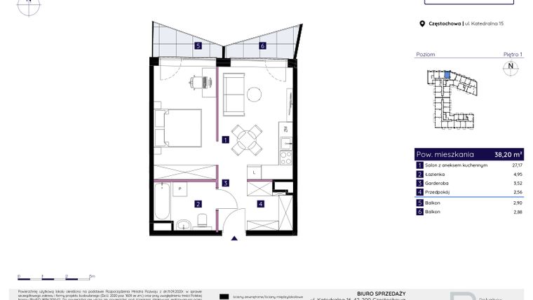 Rzut - Mieszkanie na sprzedaż 1 pokój o powierzchni 38,29 m² - numer 44 w Osiedle Neonowe