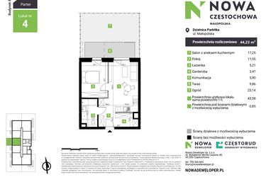 Rzut - Mieszkanie na sprzedaż 2 pokoje o powierzchni 44,23 m² - numer E4 w Nowa Częstochowa Małopolska etap II
