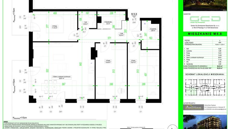 Rzut - Mieszkanie na sprzedaż 4 pokoje o powierzchni 86,53 m² - numer 6.8. w City Park Apartments