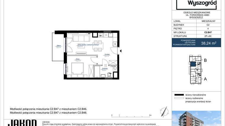 Rzut - Mieszkanie na sprzedaż 2 pokoje o powierzchni 38,24 m² - numer C2.B47 w Nowy Wyszogród etap II