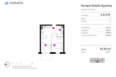 Rzut - Mieszkanie na sprzedaż 2 pokoje o powierzchni 37,33 m² - numer 2.A.3.15 w Murapol Osiedle Dynamiq