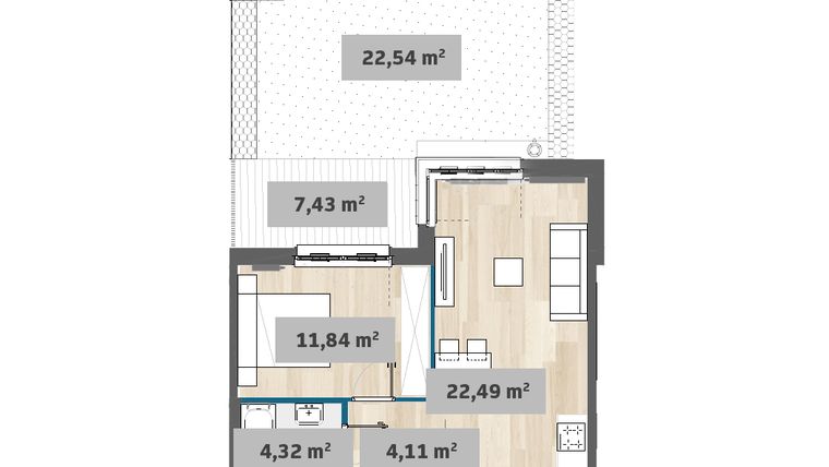 Rzut - Mieszkanie na sprzedaż 2 pokoje o powierzchni 42,58 m² - numer F1.D.00.02 w Sady Żoliborz