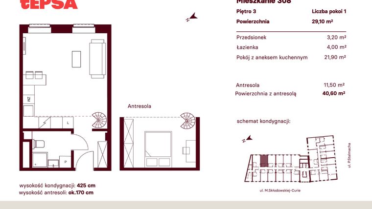 Rzut - Mieszkanie na sprzedaż 1 pokój o powierzchni 29,1 m² - numer M308 w Tepsa Kato