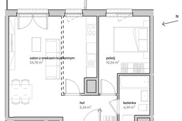 Rzut - Mieszkanie na sprzedaż 2 pokoje o powierzchni 44,85 m² - numer A.02.022 w Unii Lubelskiej Vita