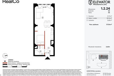 Rzut - Mieszkanie na sprzedaż 1 pokój o powierzchni 37,56 m² - numer EZ.1.2.24 w Elewator - Mieszkania i Lofty