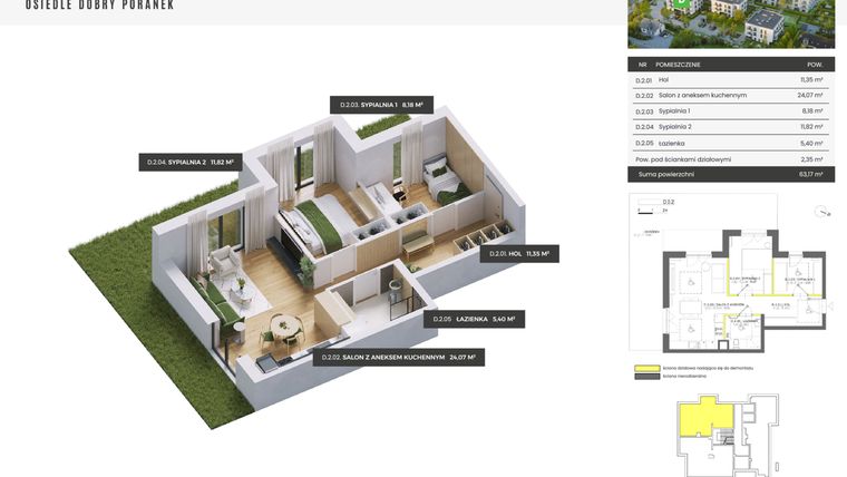 Rzut - Mieszkanie na sprzedaż 3 pokoje o powierzchni 63,17 m² - numer D.0.2 w Dobry Poranek