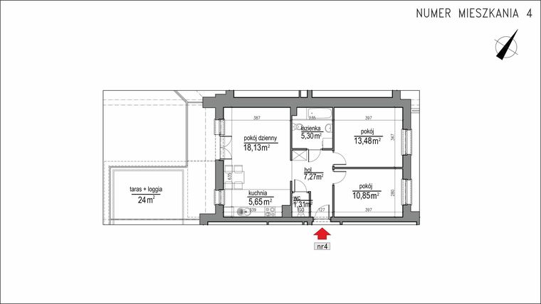 Rzut - Mieszkanie na sprzedaż 3 pokoje o powierzchni 61,99 m² - numer 1m.4 w Osiedle Rytm