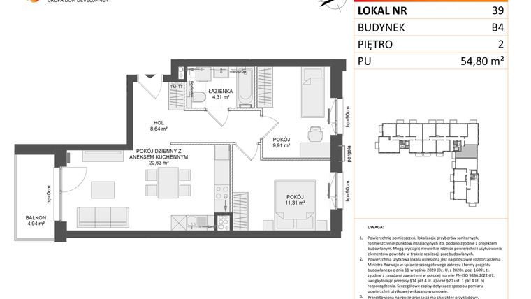 Rzut - Mieszkanie na sprzedaż 3 pokoje o powierzchni 54,64 m² - numer B4.39 w Osiedle Przy Błoniach 3 etap III