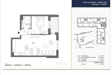 Rzut - Mieszkanie na sprzedaż 2 pokoje o powierzchni 52,64 m² - numer A.210 w Nowa Młynówka