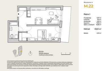 Rzut - Mieszkanie na sprzedaż 2 pokoje o powierzchni 49,01 m² - numer M22 w Baja Piaśniki