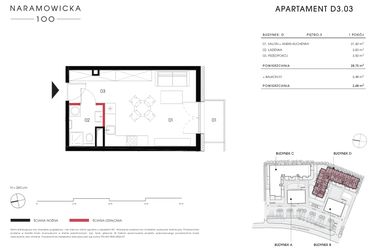 Rzut - Mieszkanie na sprzedaż 1 pokój o powierzchni 28,75 m² - numer D 3.03 w Naramowicka 100
