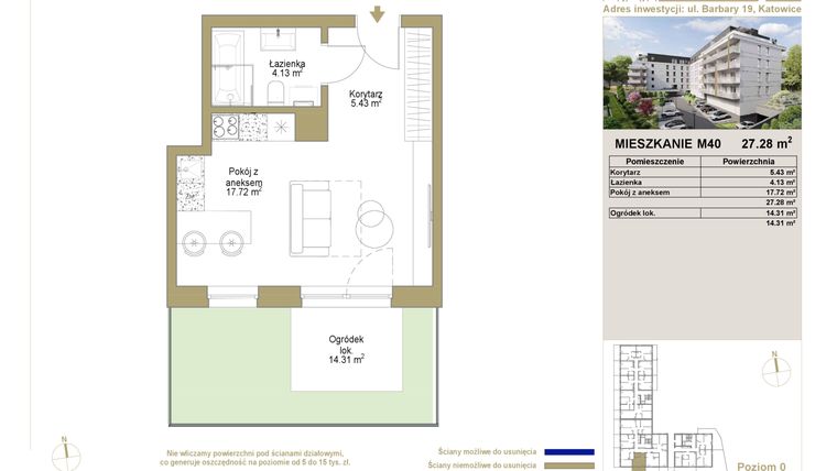Rzut - Mieszkanie na sprzedaż 1 pokój o powierzchni 27,28 m² - numer 40 w Barbary 19