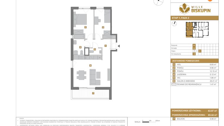 Rzut - Mieszkanie na sprzedaż 3 pokoje o powierzchni 65,44 m² - numer G.9 w Wille Biskupin II