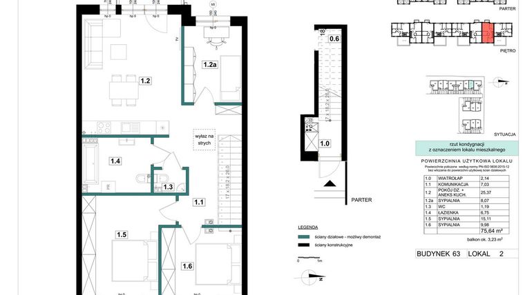 Rzut - Mieszkanie na sprzedaż 4 pokoje o powierzchni 75,64 m² - numer 63-2 w Błonie Bosco