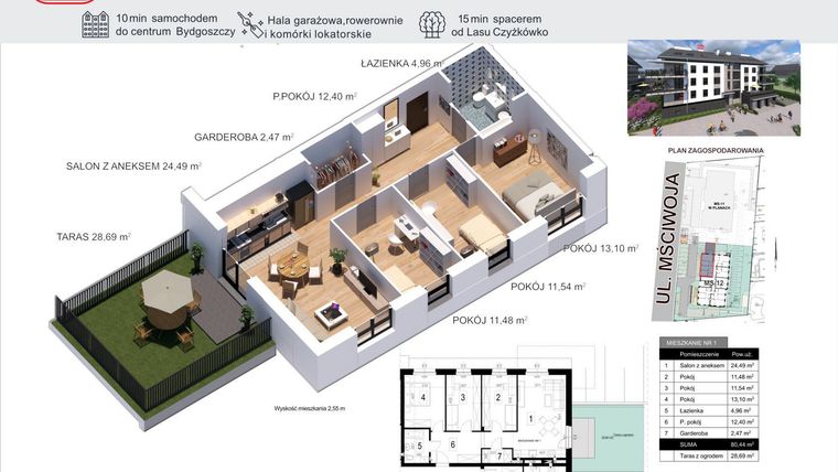 Rzut - Mieszkanie na sprzedaż 4 pokoje o powierzchni 80,44 m² - numer 1 w Mściwoja MS-12