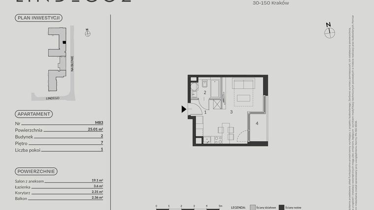 Rzut - Mieszkanie na sprzedaż 1 pokój o powierzchni 25,01 m² - numer 83 w LINDEGO2