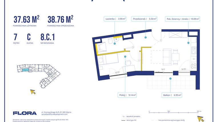 Rzut - Mieszkanie na sprzedaż 2 pokoje o powierzchni 37,63 m² - numer 8C1 w Piotra 4