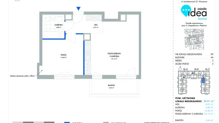 Rzut - Mieszkanie na sprzedaż 2 pokoje o powierzchni 50,47 m² - numer 89.4A w Osiedle Idea Aurora