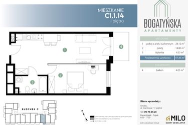 Rzut - Mieszkanie na sprzedaż 2 pokoje o powierzchni 47,45 m² - numer C1.1.14 w Bogatyńska Apartamenty etap 3