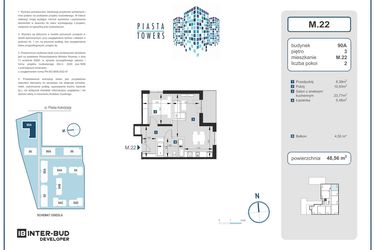 Rzut - Mieszkanie na sprzedaż 2 pokoje o powierzchni 48,56 m² - numer 22 w Piasta Towers bud. 90A
