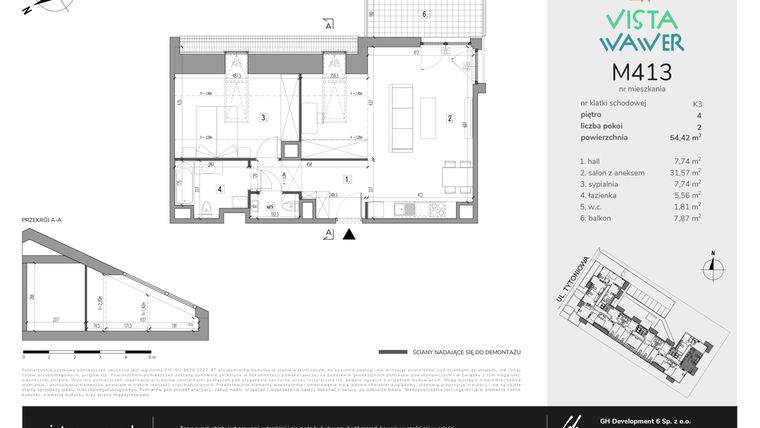 Rzut - Mieszkanie na sprzedaż 2 pokoje o powierzchni 54,42 m² - numer M413 w Vista Wawer