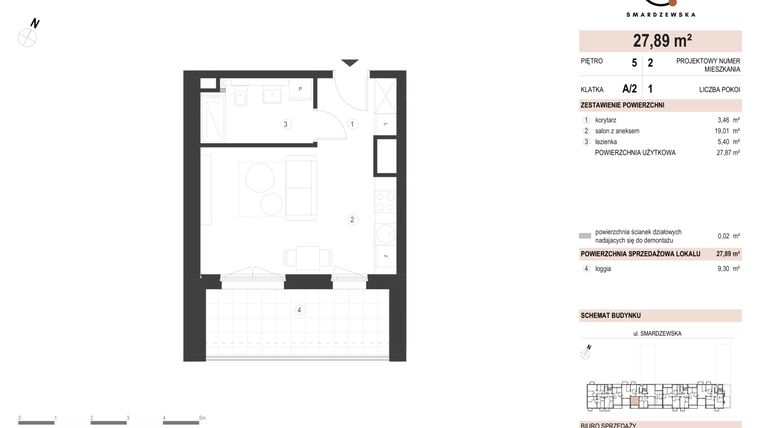 Rzut - Mieszkanie na sprzedaż 1 pokój o powierzchni 27,89 m² - numer A/2/5.2 w Smardzewska 8