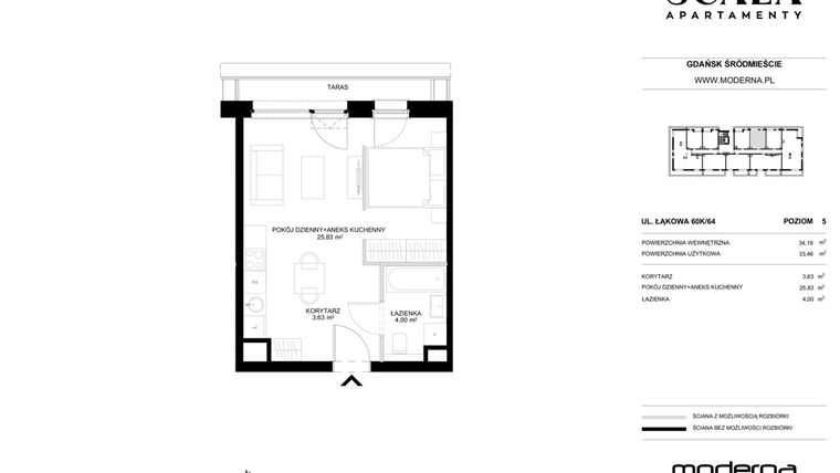 Rzut - Mieszkanie na sprzedaż 1 pokój o powierzchni 33,46 m² - numer K-64 (C) w Scala
