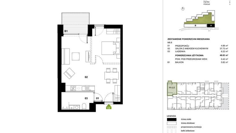 Rzut - Mieszkanie na sprzedaż 1 pokój o powierzchni 48,77 m² - numer A.6.8 w Kozielska Park