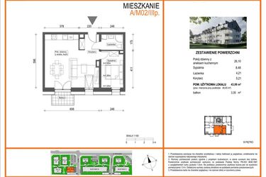 Rzut - Mieszkanie na sprzedaż 3 pokoje o powierzchni 43,99 m² - numer A1/M02/3P w Zielony Brochów 7 - etap A