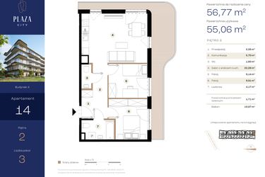 Rzut - Mieszkanie na sprzedaż 3 pokoje o powierzchni 56,77 m² - numer B4M14 w Plaza City