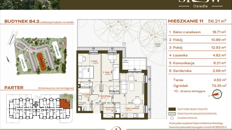 Rzut - Mieszkanie na sprzedaż 3 pokoje o powierzchni 56,21 m² - numer B4.2.11 w Osiedle SLOW