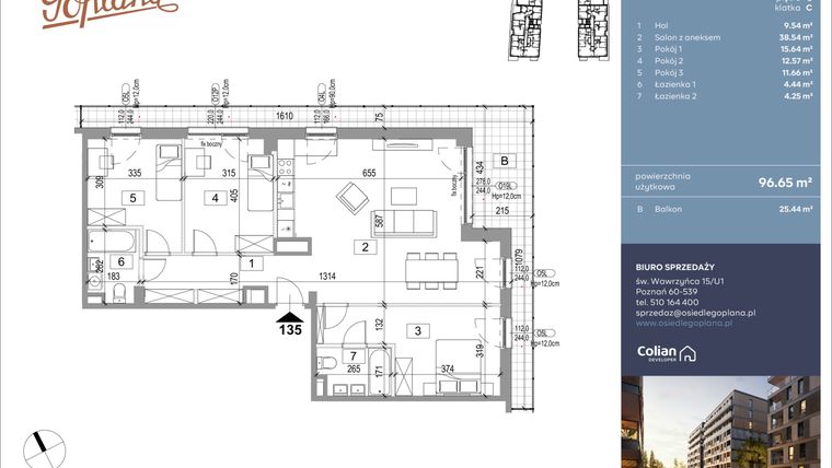 Rzut - Mieszkanie na sprzedaż 4 pokoje o powierzchni 97,31 m² - numer F135 w Goplana budynek F