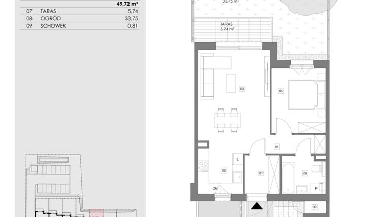 Rzut - Mieszkanie na sprzedaż 2 pokoje o powierzchni 49,68 m² - numer 16B.1 w Przystań Sobieszewo