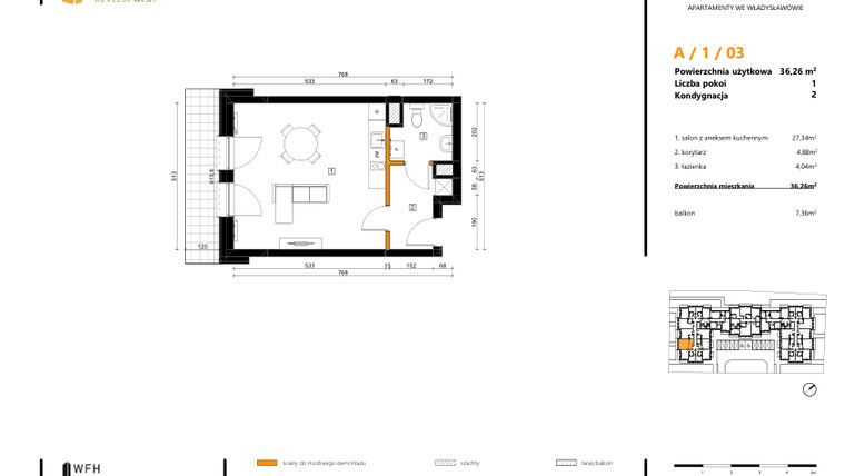 Rzut - Mieszkanie na sprzedaż 1 pokój o powierzchni 36,26 m² - numer A.1.03 w SPOT
