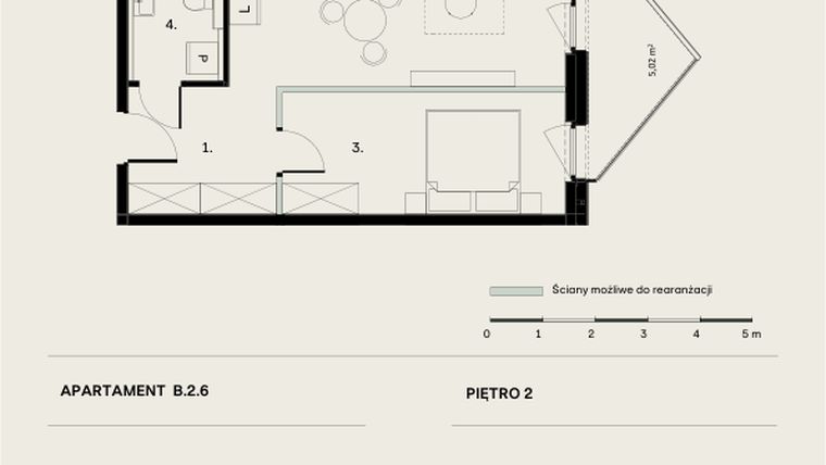 Rzut - Mieszkanie na sprzedaż 2 pokoje o powierzchni 46,12 m² - numer B/2/6 w Ogrodowa 12