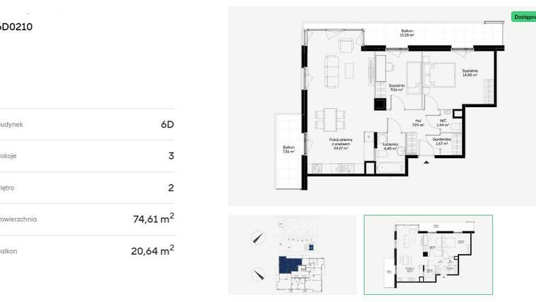 Rzut - Mieszkanie na sprzedaż 3 pokoje o powierzchni 74,61 m² - numer 6D0210 w Jaśminowy Mokotów etap VI