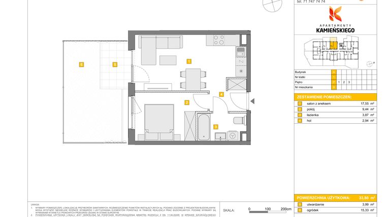 Rzut - Mieszkanie na sprzedaż 2 pokoje o powierzchni 33,8 m² - numer A9 w Apartamenty Kamieńskiego