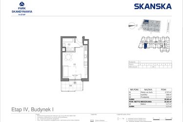 Rzut - Mieszkanie na sprzedaż 1 pokój o powierzchni 25,08 m² - numer I0338 w Park Skandynawia V