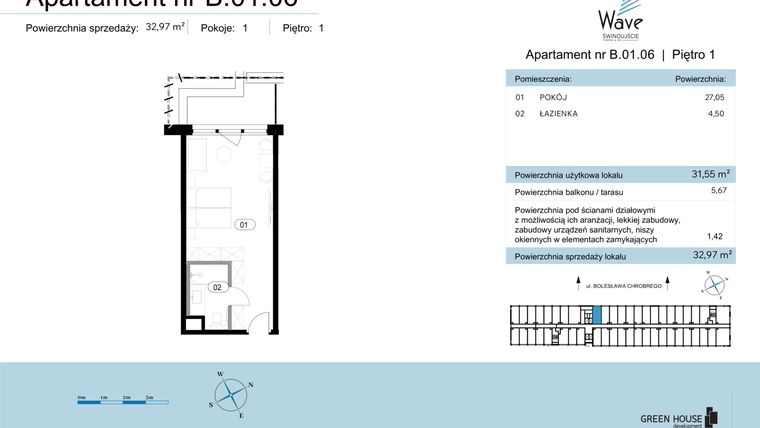 Rzut - Mieszkanie na sprzedaż 1 pokój o powierzchni 32,97 m² - numer B.01.06 w Wave Świnoujście Thermal & Spa