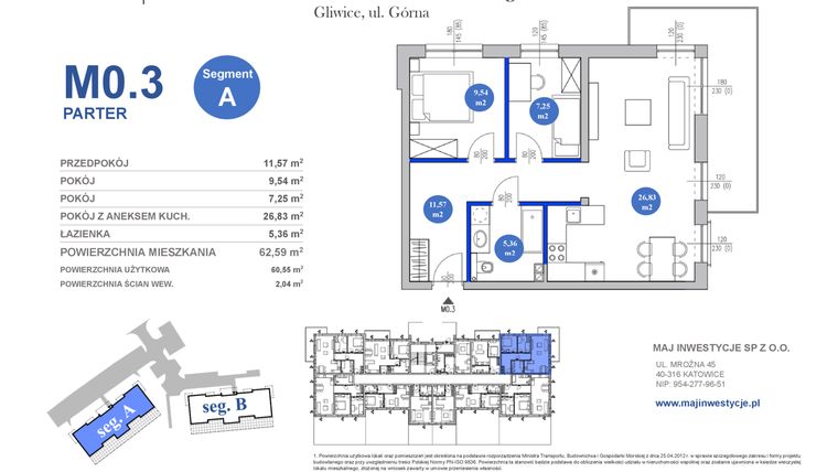 Rzut - Mieszkanie na sprzedaż 3 pokoje o powierzchni 60,55 m² - numer M0.3 w Osiedle Majowe 2.0 etap II